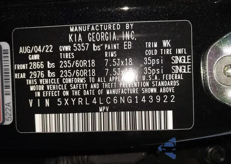 2022 Kia Sorento S z USA, uszkodzony, nr VIN 5XYRL4LC6NG143922